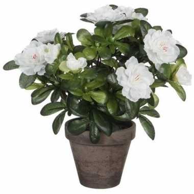 Hobby groene azalea kunstplant witte bloemen pot stan grey