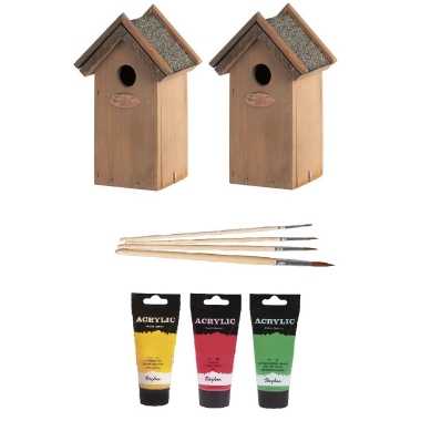 Hobby x houten vogelhuisje/nestkastje rood/geel/groen dhz schilderen pakket