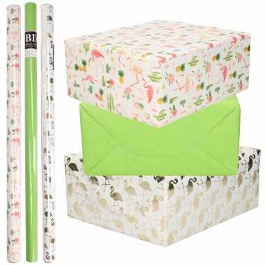 Hobby x rollen kraft inpakpapier flamingo pakket groen/wit/goud/roze flamingo