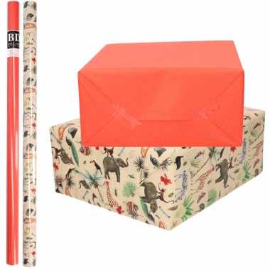 Hobby x rollen kraft inpakpapier jungle/oerwoud pakket dieren/rood