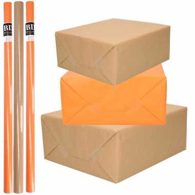 Hobby x rollen kraft inpakpapier/kaftpapier pakket bruin/oranje