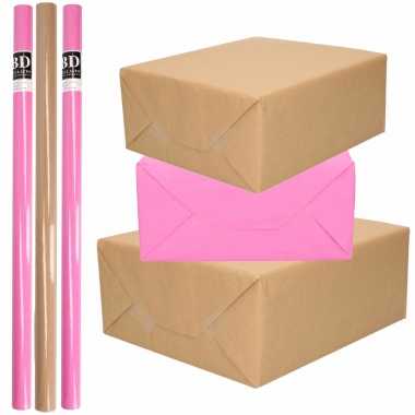 Hobby x rollen kraft inpakpapier/kaftpapier pakket bruin/roze