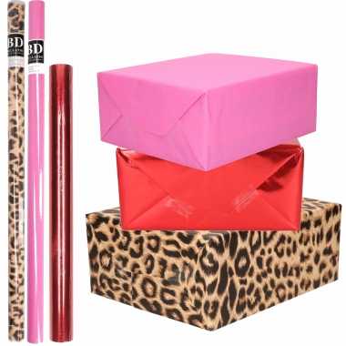 Hobby x rollen kraft inpakpapier pakket dieren/metallic rood roze /
